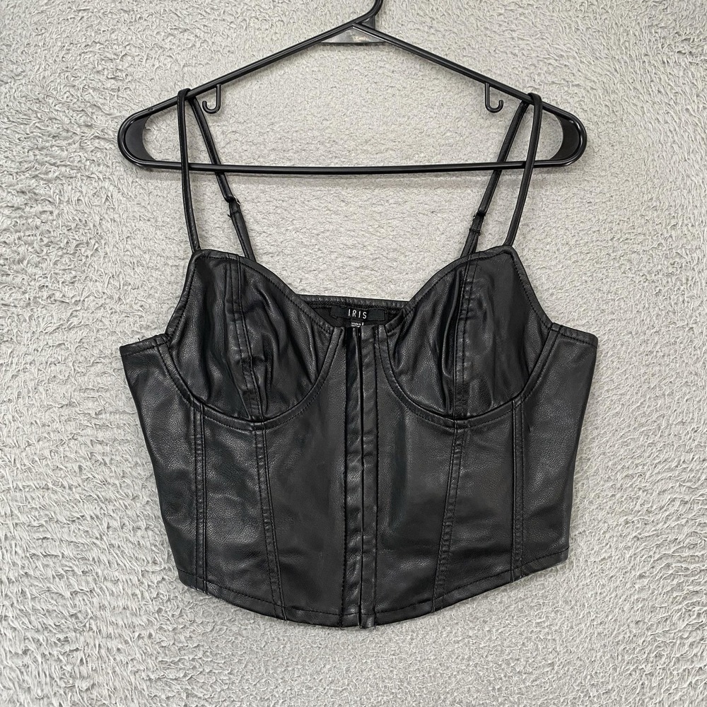 IRIS Faux Leather Corset Top Womens Large Black Going Out Y2K Alt Festival